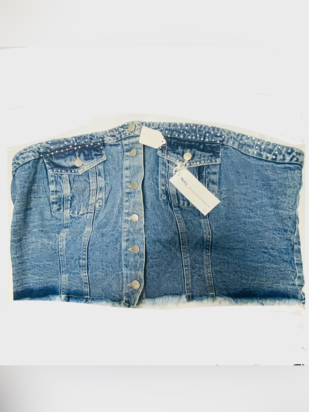 Truth NYC Denim Corset Top 3X Rhinestone Studded Smocked Frayed